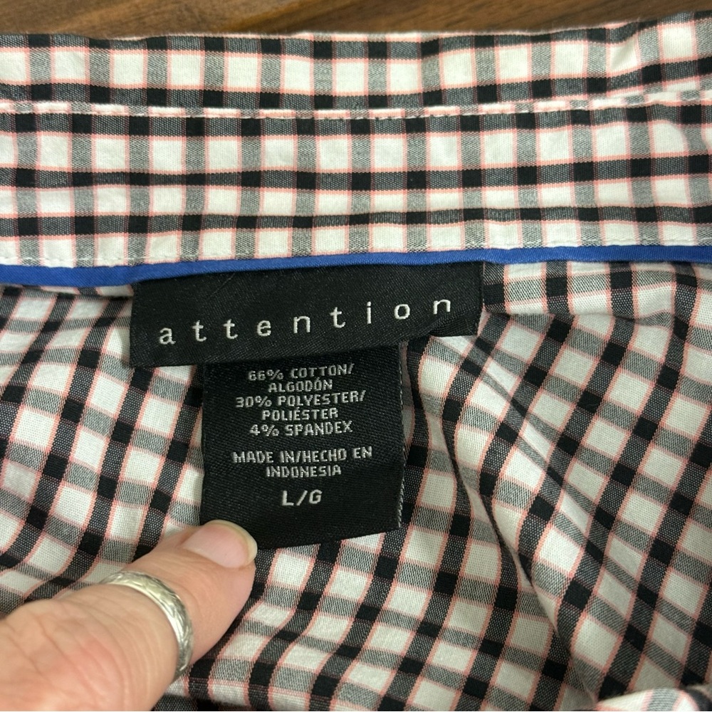 Attention Large Checkered Button Down Shirt Black White Stretch Work Casual Fall - Picture 6 of 8